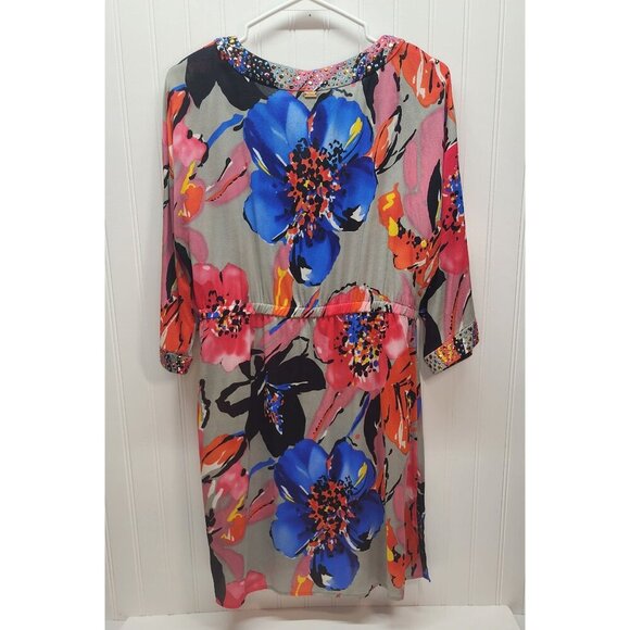 St. John Floral Tunic Dress With Rhinestone Accents Size P Silk Blend - Picture 10 of 15